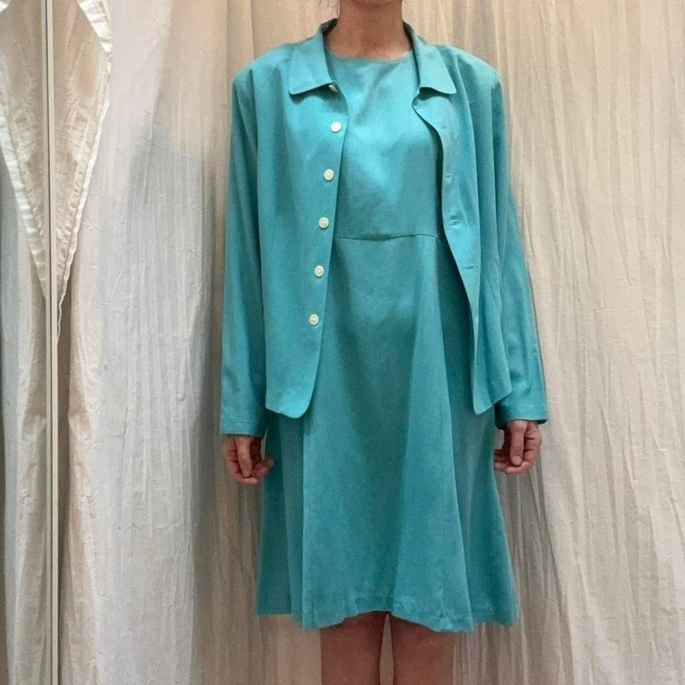 Robins Egg Blue Silk Dress & Blouse Jacket Set New With Tags VTG Victoria Holley